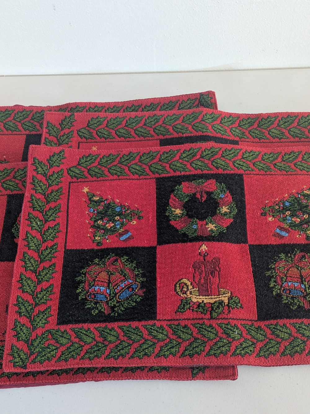 Vintage Style Christmas Placemats Set of 4 Woven Tapestry Red Green Bells Trees